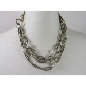 Silver Tone 3 Tier Chain Faux Pearl Bead Necklace 18" Boho Whimsigoth Retro‎ Y2K